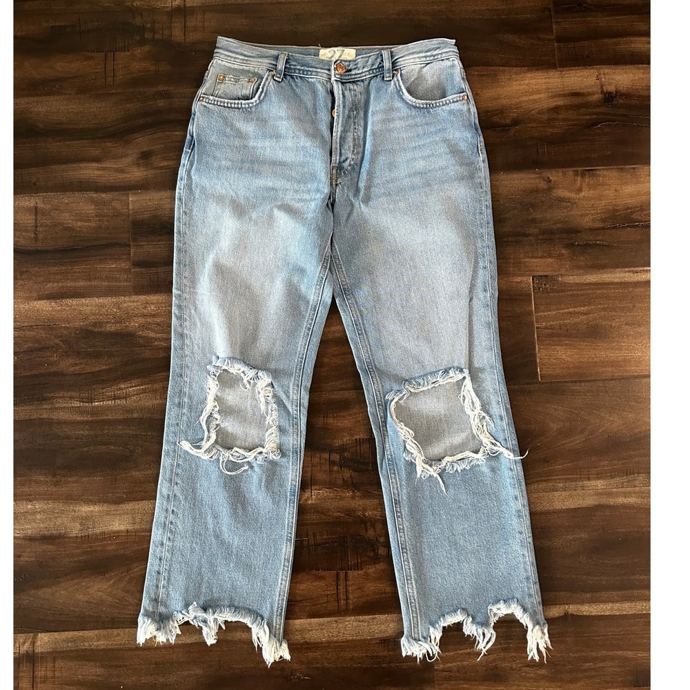 Free People We The Free Tapered Baggy Distressed Jeans Light Wash Blue Size 27